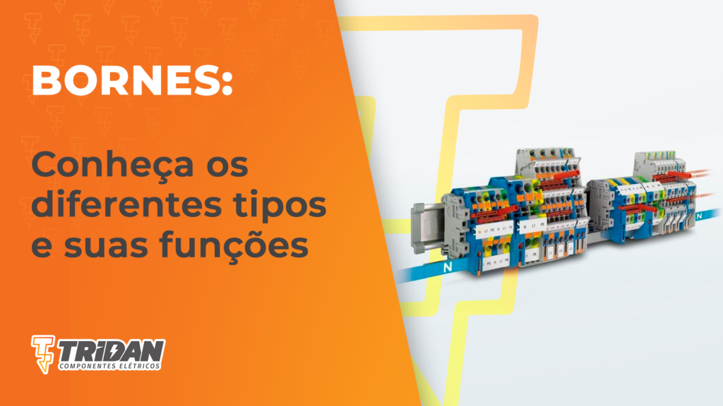 Bornes sobre um fundo cinza, com a logo da TRIDAN, e o seguinte texto à esquerda, dentro de um elemento laranja: "Bornes: conheça os diferentes tipos e suas funções."