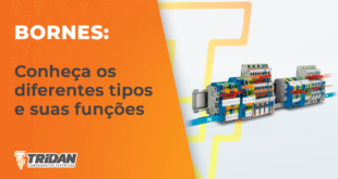 Bornes sobre um fundo cinza, com a logo da TRIDAN, e o seguinte texto à esquerda, dentro de um elemento laranja: "Bornes: conheça os diferentes tipos e suas funções."