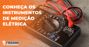 Multímetro em cima de uma mesa, com o seguinte texto à esquerda: Instrumentos de medição elétrica: quais são e quando usá-los?