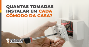 Pessoa ajustando uma tomada na parede, com o seguinte texto: Quantas tomadas instalar em cada cômodo da casa?