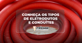 Eletroduto conrugado vermelho, com o seguinte texto no meio: Conheça os tipos de eletrodutos e conduítes