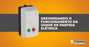 Arte com fundo laranja e uma foto de uma chave de partida elétrica com o título "Desvendando o funcionamento da chave de partida elétrica"